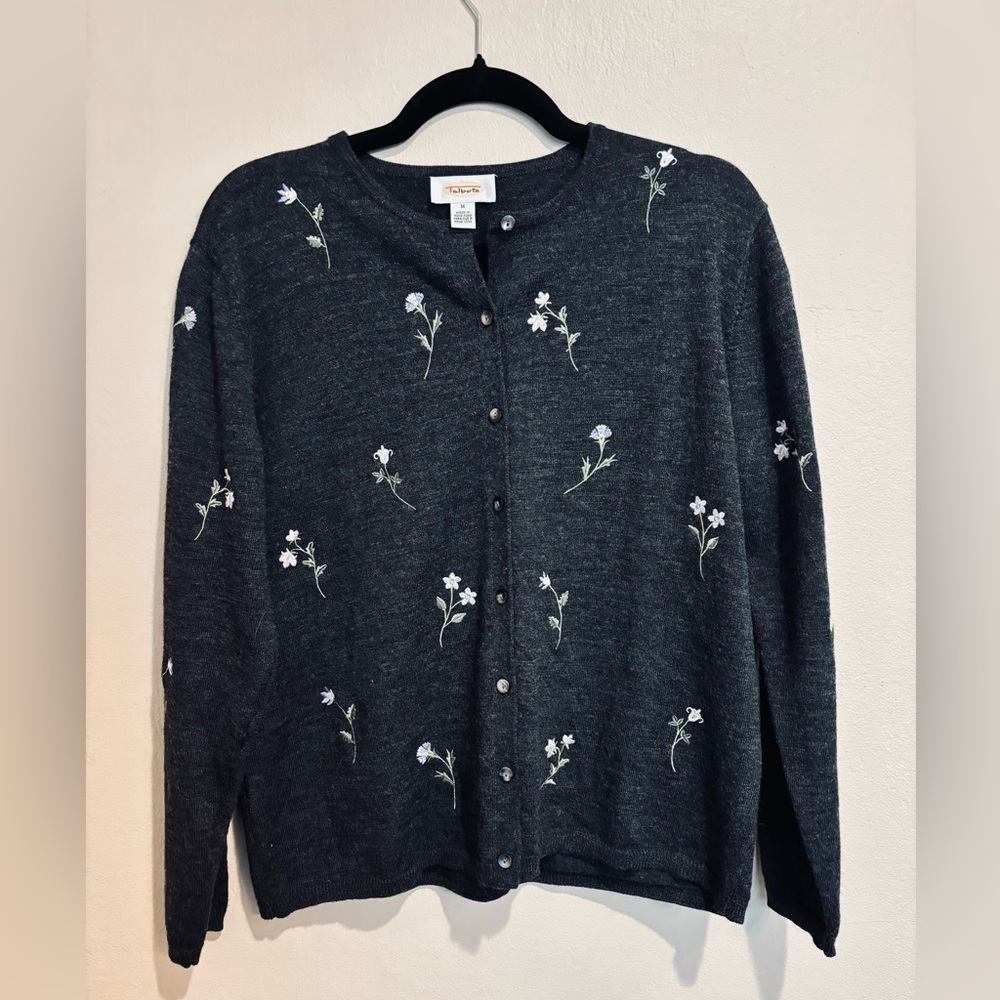 Talbots Charcoal Grey Cardigan, with Pastel Floral Embroidery, Button Up, Size M